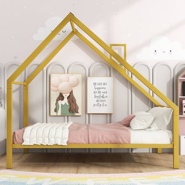slide 2 of 40, Full Metal House Platform Bed with Roof and Chimney, Perfect for Kids Gold - Full