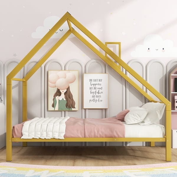 slide 2 of 9, Gold Full Size Metal Platform Bed House Shaped Montessori Bed, Solid Metal Bed Frame for Kids Bedroom, No Box Spring Needed Gold - Full