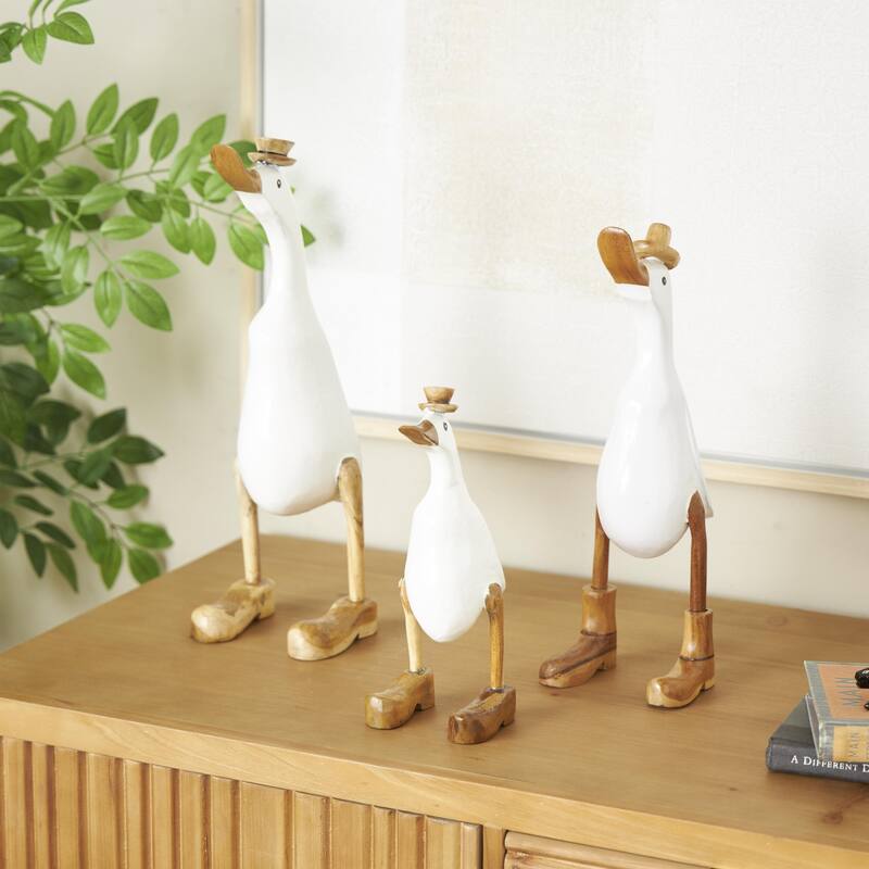 Bamboo Wood Duck Decorative Sculpture with Brown Top Hats and Shoes - Set of 3 White - Roche River Decor