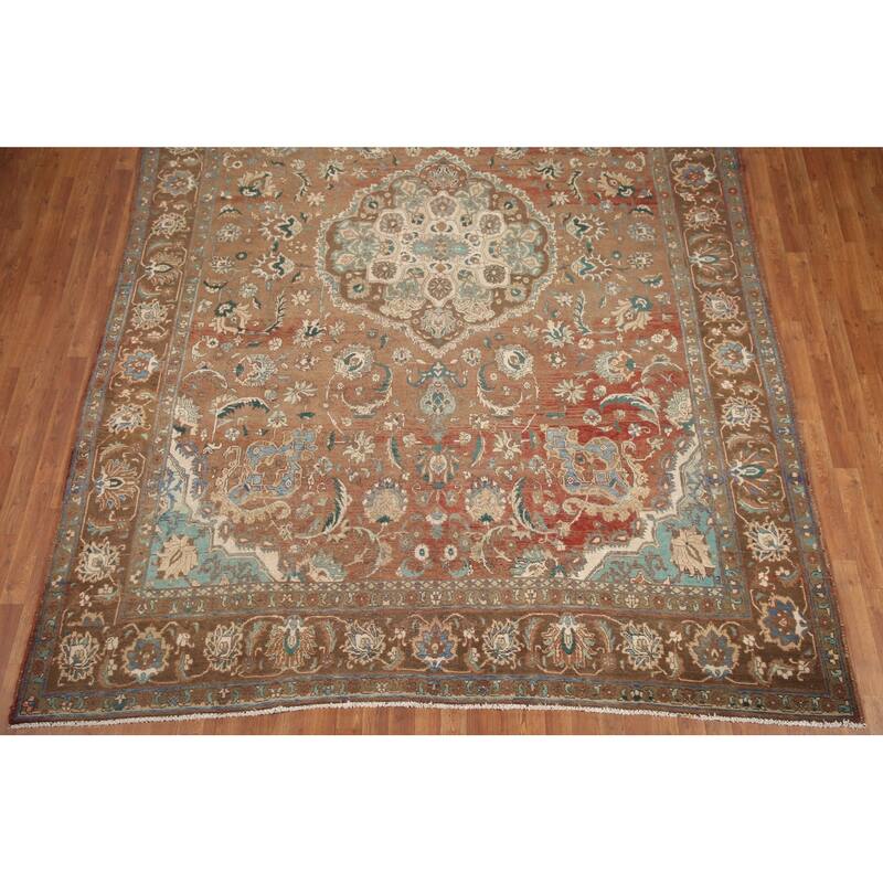 Hand Knotted Oriental 100% Wool Carpet Traditional Floral Brown Mashad Area Rug - 12' 1'' X 8' 10''