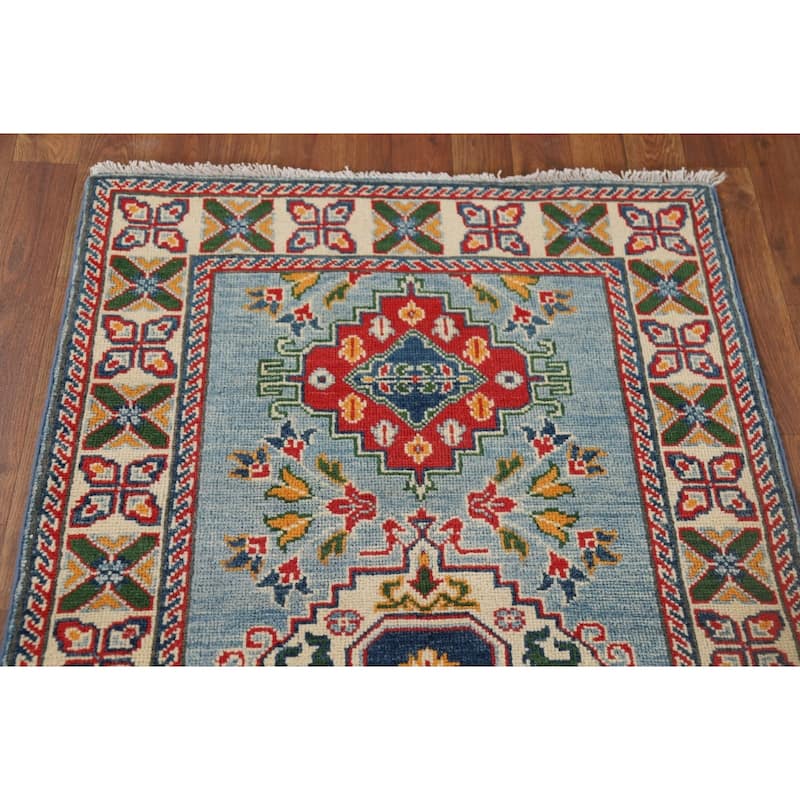 Light Blue Kazak Oriental Runner Rug Handmade Traditional Wool Carpet - 2'9" x 9'7"