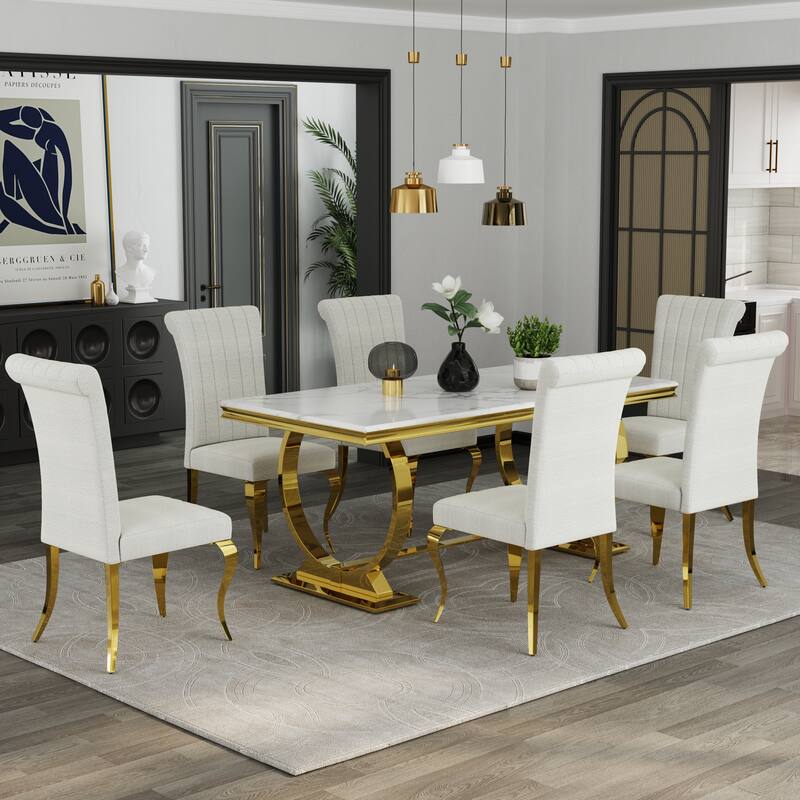 Luxurious Dining Room Table Set with Velvet Dining Chairs