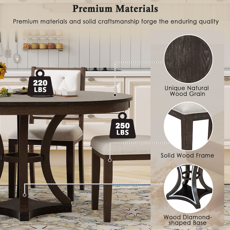 5-Piece Retro Functional Dining Table Set Extendable Round Table and 4 Upholstered Chairs for Dining Room and Living Room