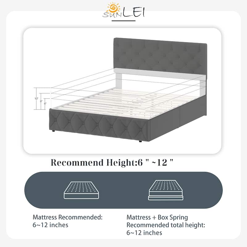 Full & Queen Size Bed Frame Built in 4 Storage Drawers & Adjustable Headboard