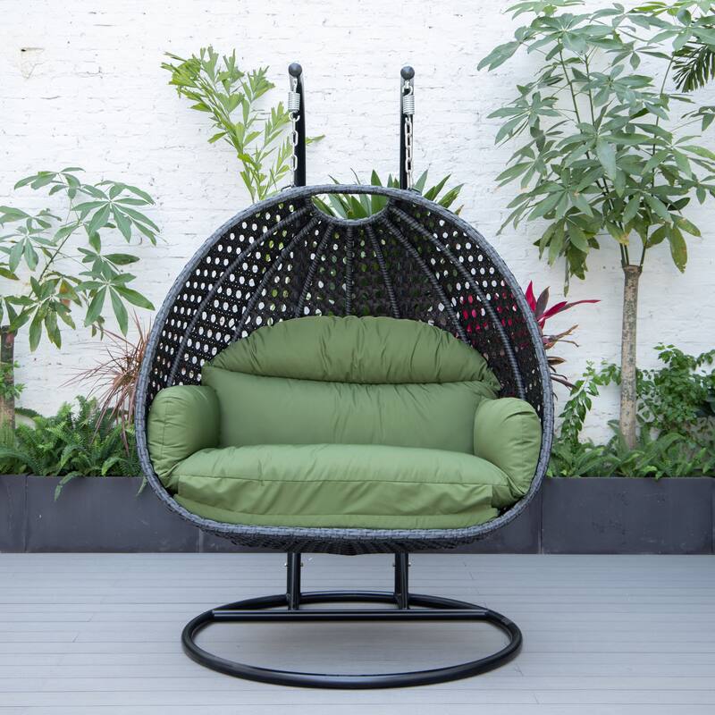 Patio 2-Person Hanging Egg Swing Chair Charcoal Wicker and Iron Frame Breathable Removable Cushion Covers by LeisureMod
