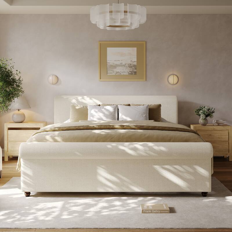 Christopher Knight Home - Modern Linen Upholstered Bed Frame with Solid Wood Legs and a Robust Headboard and Footboard