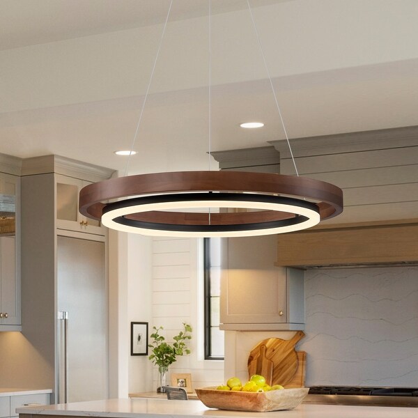 Modern Farmhouse Ring Walnut Wooden LED Chandelier Wood Pendant Light W 23.62