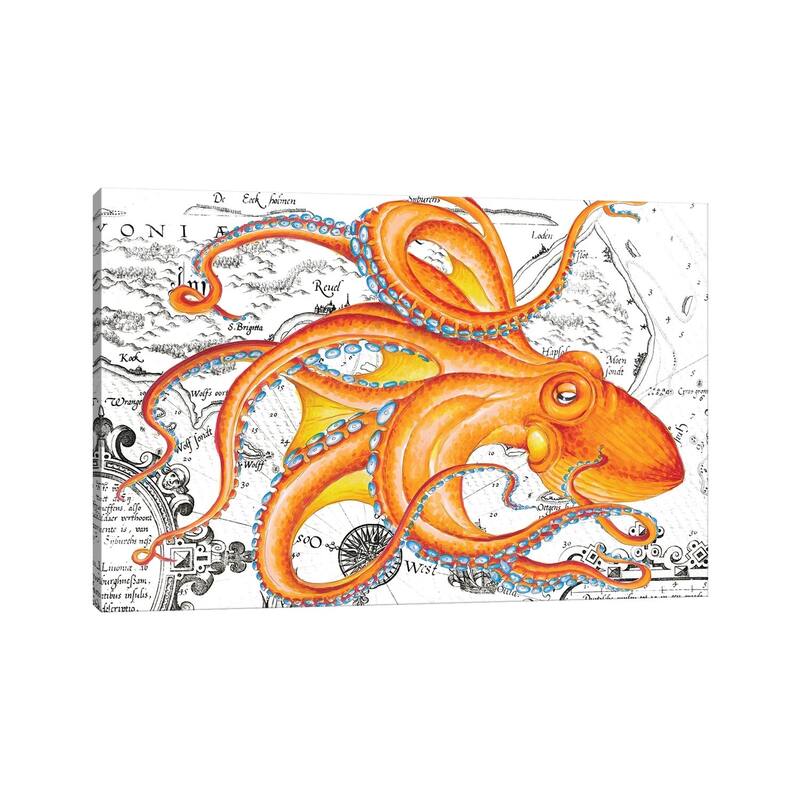 iCanvas "Orange Octopus Tentacles Vintage Map Nautical" by Seven Sirens Studios Canvas Print