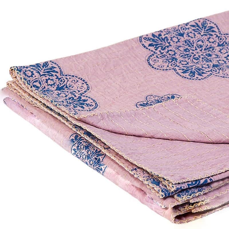 HomeRoots 50" X 70" Black And Blue Ikat Cotton Quilted Kantha Throw Blanket with Embroidery