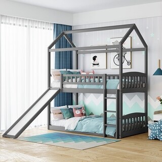 Stylish Twin Over Twin Bunk Bed with Slide and Ladder, Sturdy Pine Frame, and Full-Length Guardrails for Kids' Rooms