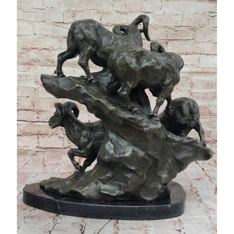 Dynamic Bronze Sculpture Of Rams On Rocky Outcrop – Wildlife Scene On Marble Base