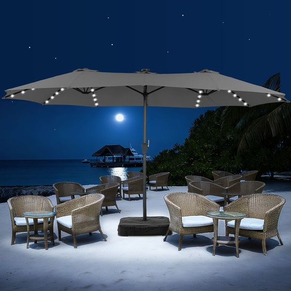 15 ft lighted patio umbrella 15FT Double-Sided with Solar Lights, Extra-Large Umbrella W/ 48 LED Lights & Auto-Charging Solar Panel, Beige head patio umbrella features RGB LED light strips (solar 15ft Patio Umbrella Outdoor Market