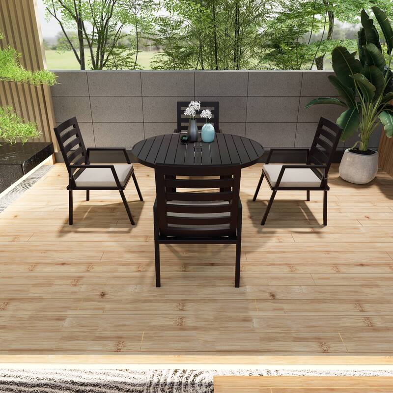 Round Dining Table Powder-Coated Aluminum Top with Slatted Design and Umbrella Hole for Family Gatherings & Parties - 48"