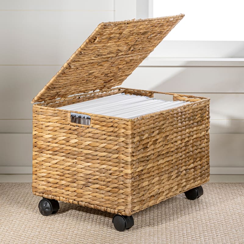 Rolling Filing Basket with Lid and 360 Degree Lockable Wheels - Natural