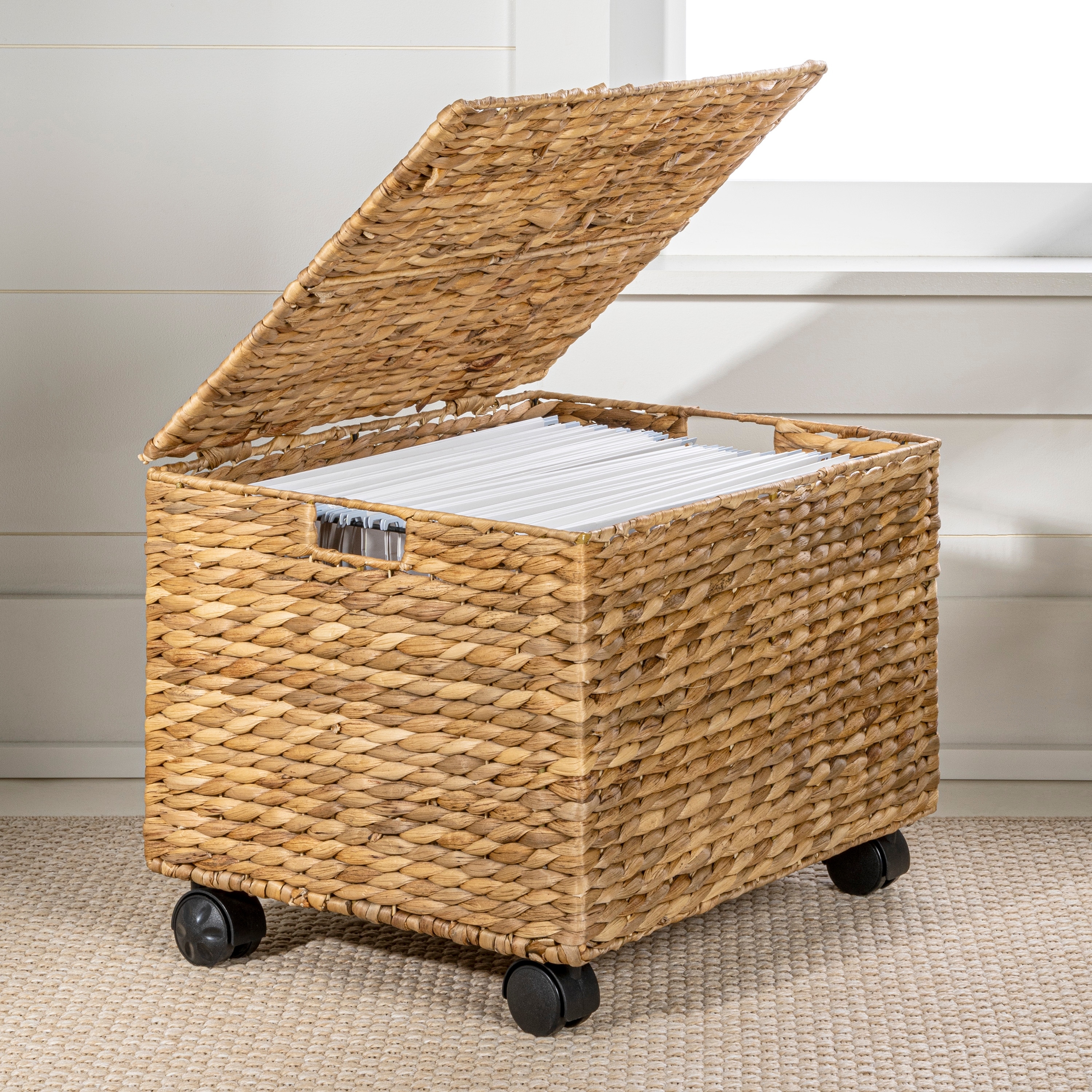 happimess Rolling Filing Basket with Lid and 360 Degree Lockable Wheels