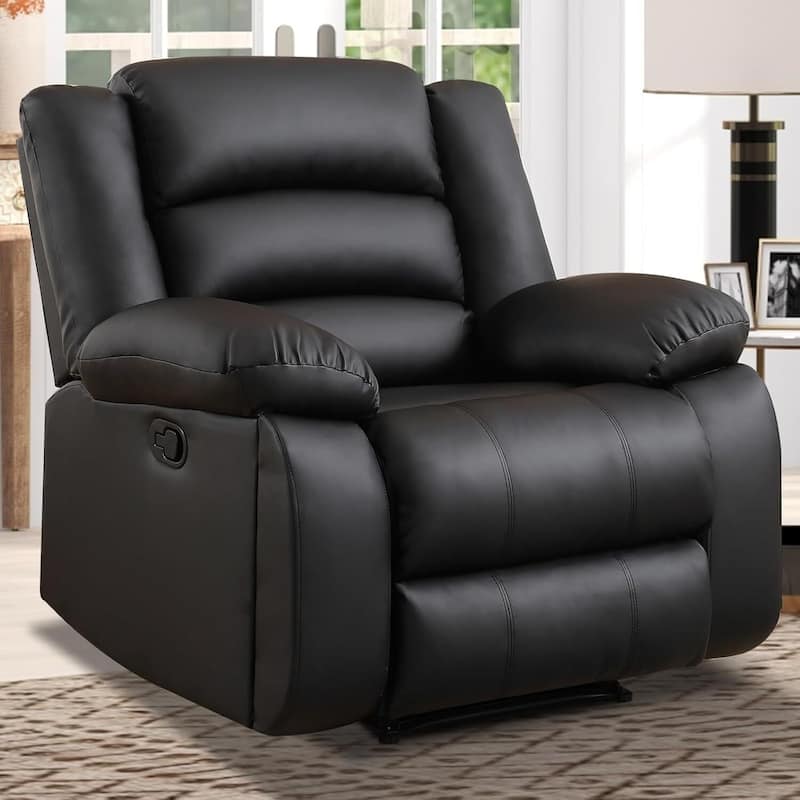 Faux Leather Manual Reclining Sofa with 2 Concealed Cup Holders, Overstuffed Armrest 3 Seat Recliner Couch for Living Room - Black