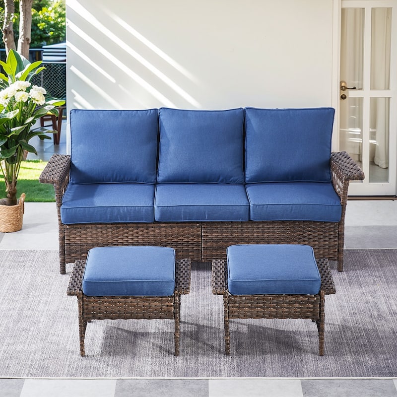 Outdoor Glider Chair with Soft Cushion - Brwon Wicker Blue Cushion - 3PCS Patio Sofa with Ottoman