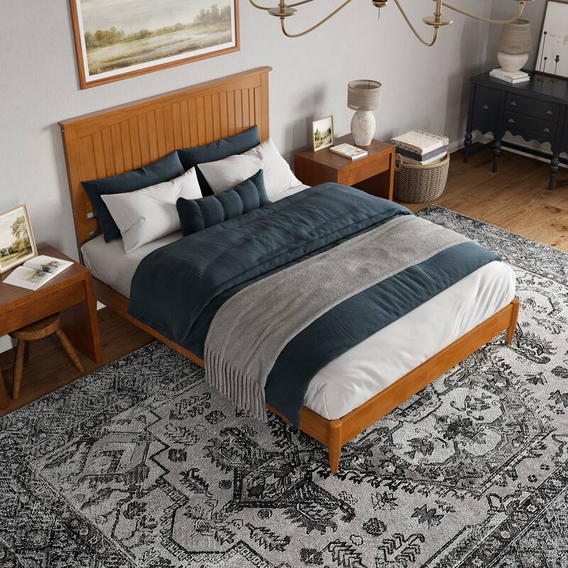 Queen Size Wood Platform Bed - Low Profile Modern Bed Frame with USB Ports & Headboard