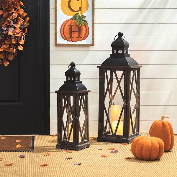 slide 2 of 51, Glitzhome 2-Piece Oversize Farmhouse Wood/ Metal Hanging Candle Holders Decorative Lanterns Black