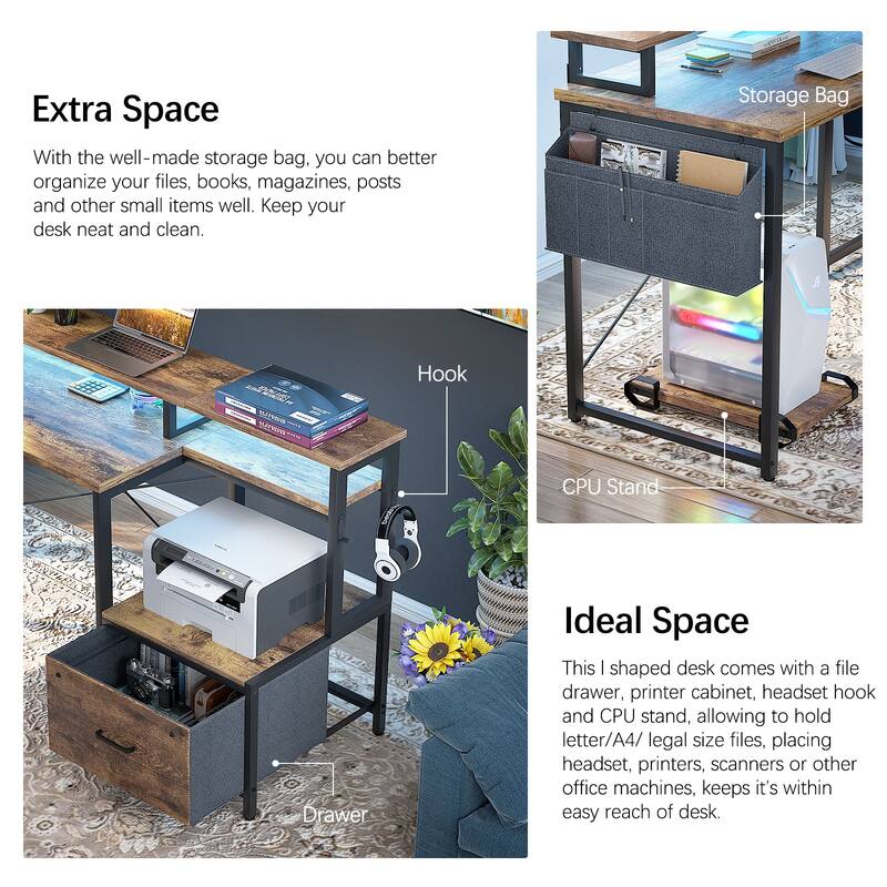 L Shaped Desk with File Drawer and Printer Stand, Reversible Corner Computer Desk with Power Outlet and LED Strip