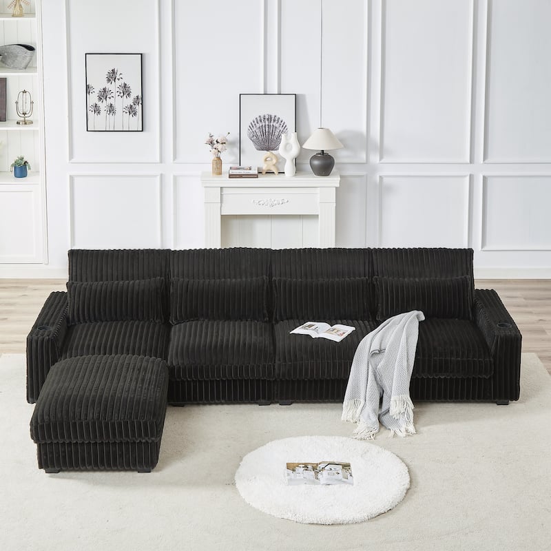 126" Corduroy Super Large L-Shaped Sofa With Cup Holder,Four Waist Pillows,Four Back Cushion and USB Port
