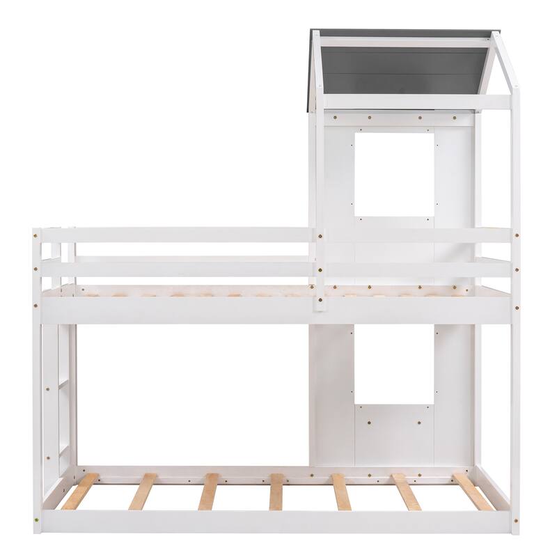House Bunk Bed for Kids, Twin Over Twin Bunk Bed Frame, Wooden Floor Bunk Bed with Roof, Window, Guardrail, Ladder