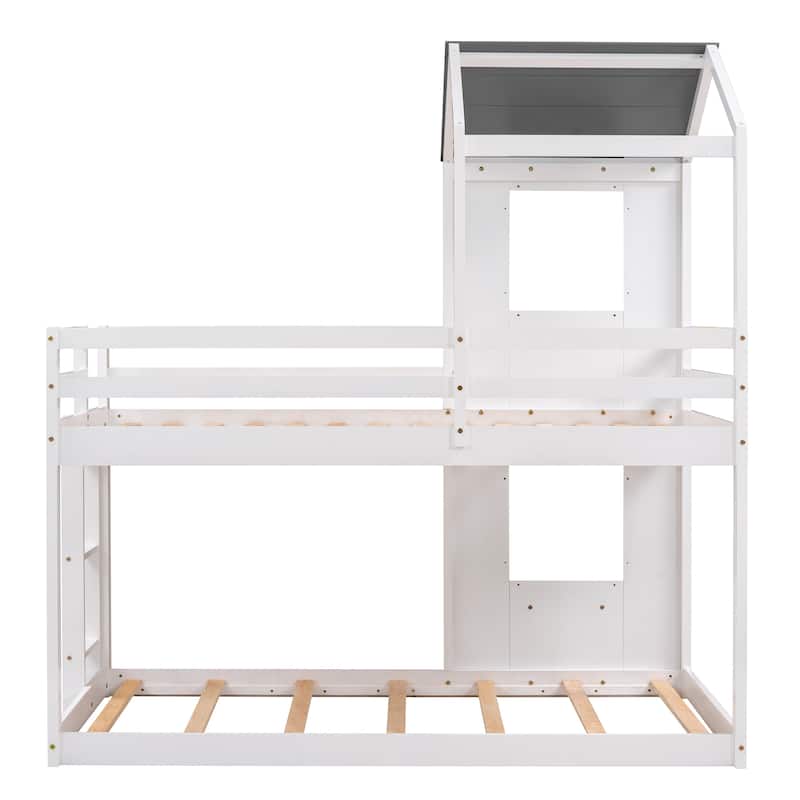 Twin Over Twin Bunk Bed with Shelves, Kids House Bed Wood Frame with Playhouse Roof, Window, Ladder and Safety Guardrails
