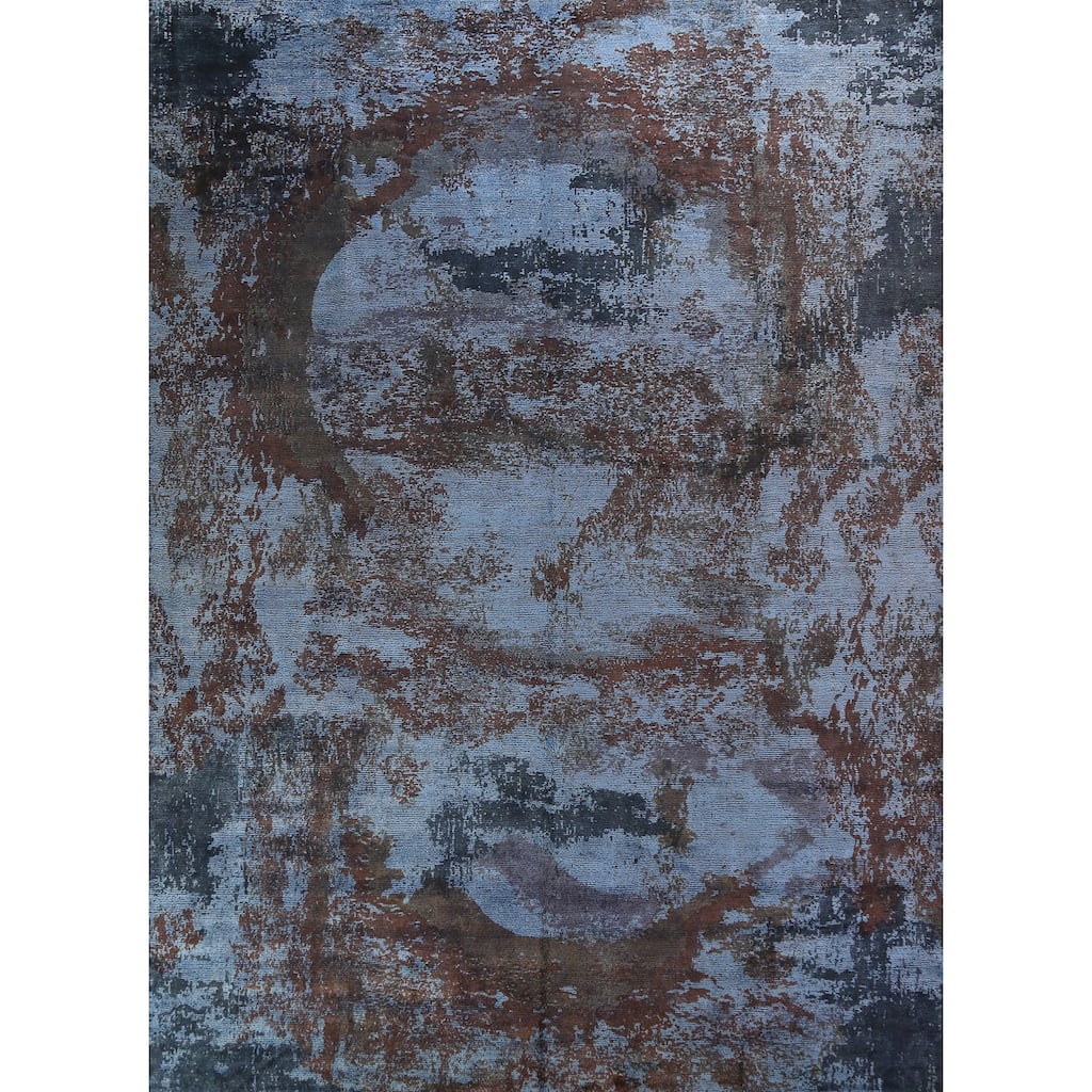 All-Over Blue Abstract Indian Area Rug Handmade Wool Carpet - 9'11"x 13'2"