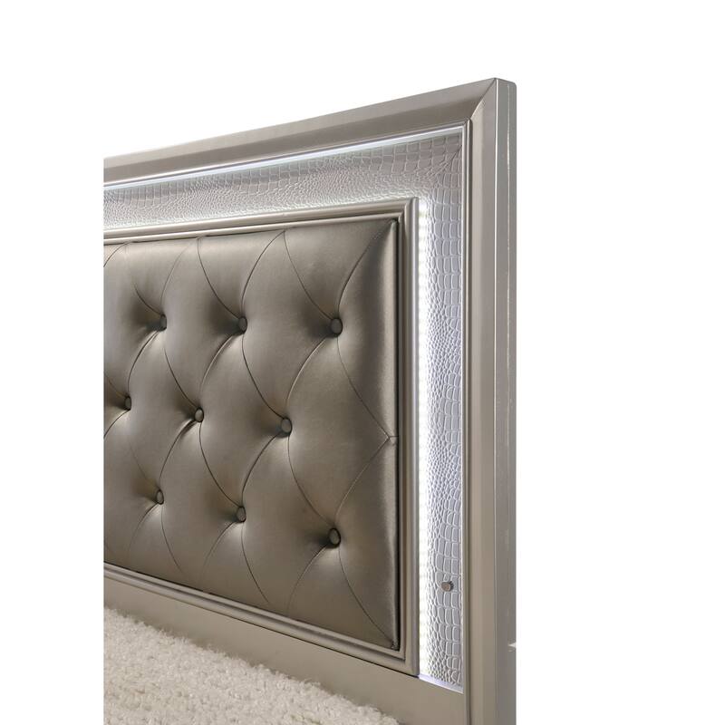 Full Size Crocodile-Finish Modern Platform Bed with LED Headboard and Diamond Tufting