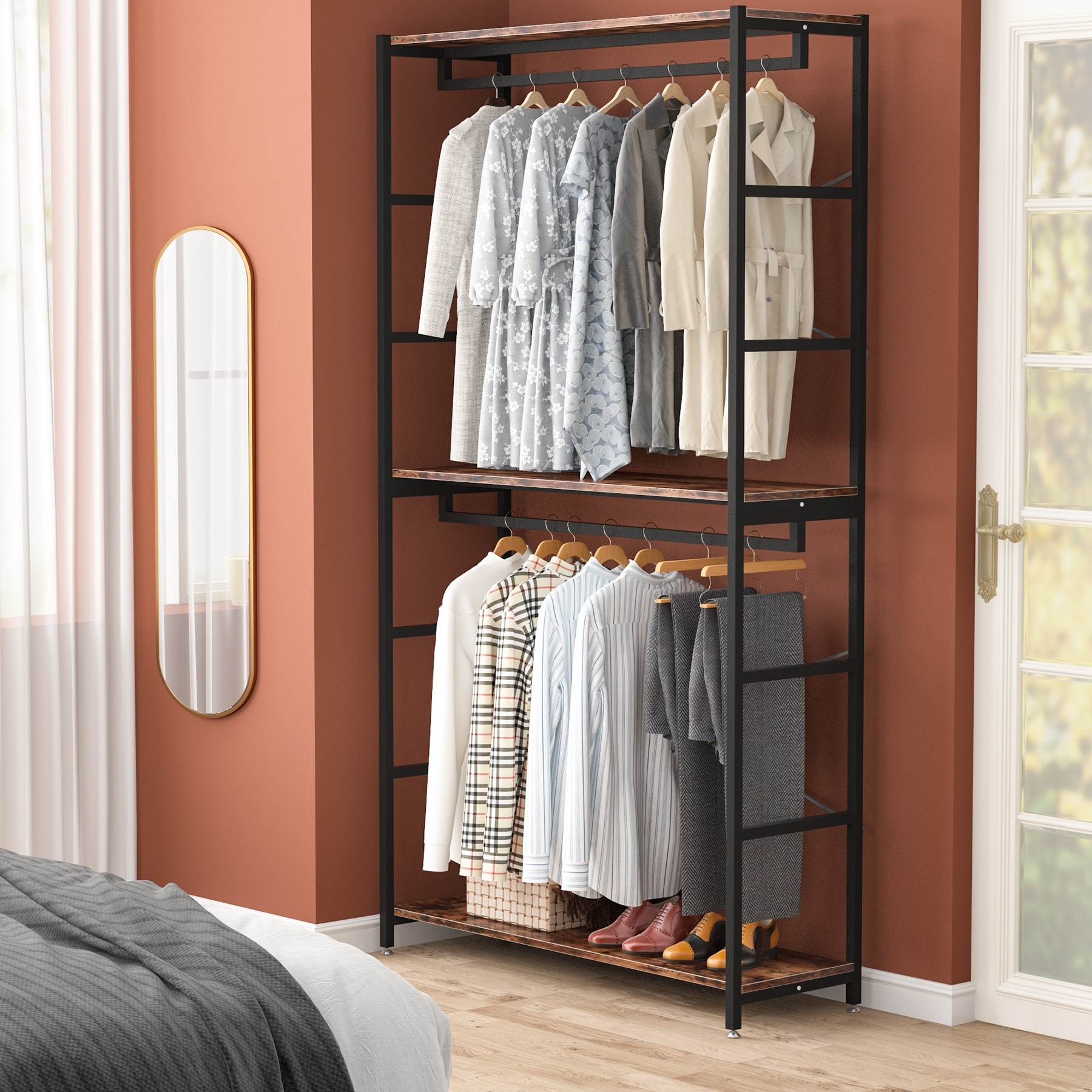 Extra Tall 47 Inches Double Rod Closet Shelf Freestanding 3 Shelves Clothes Clothing Garment Racks - Brown&Black