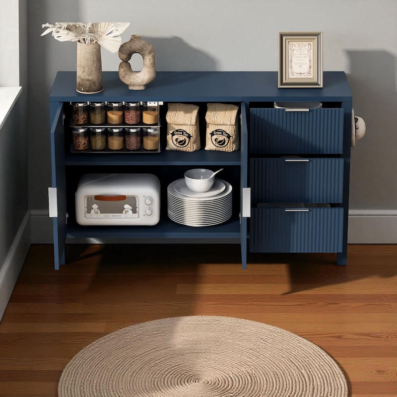 Modern Wave-Pattern Sideboard with 3 Drawers, Buffet Cabinet with Hooks & Center Leg for Living Room or Entryway