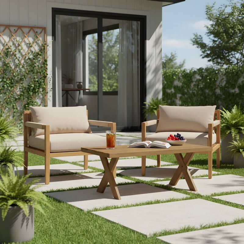 Christopher Knight Home - Modern Outdoor Wooden Rope Conversation Set with Beige Cushions and Side Table - Teak Rectangle Table - 2 chair