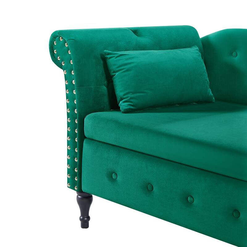 60" Velvet Multifunctional Storage Chaise Lounge Buttons Tufted Nailhead Trimmed Solid Wood Legs with 1 Pillow