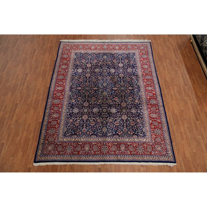 Hand Knotted Oriental 100% Wool Carpet Traditional All-Over Navy Blue & Blues Kashan Area Rug - 12' 2'' X 9' 3''