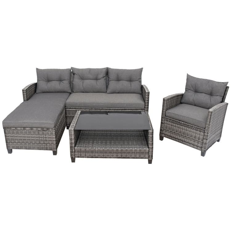 4 Pieces Patio Rattan Furniture Set with Cushion and Table Shelf - 27.5" x 47" x 30" (L x W x H)