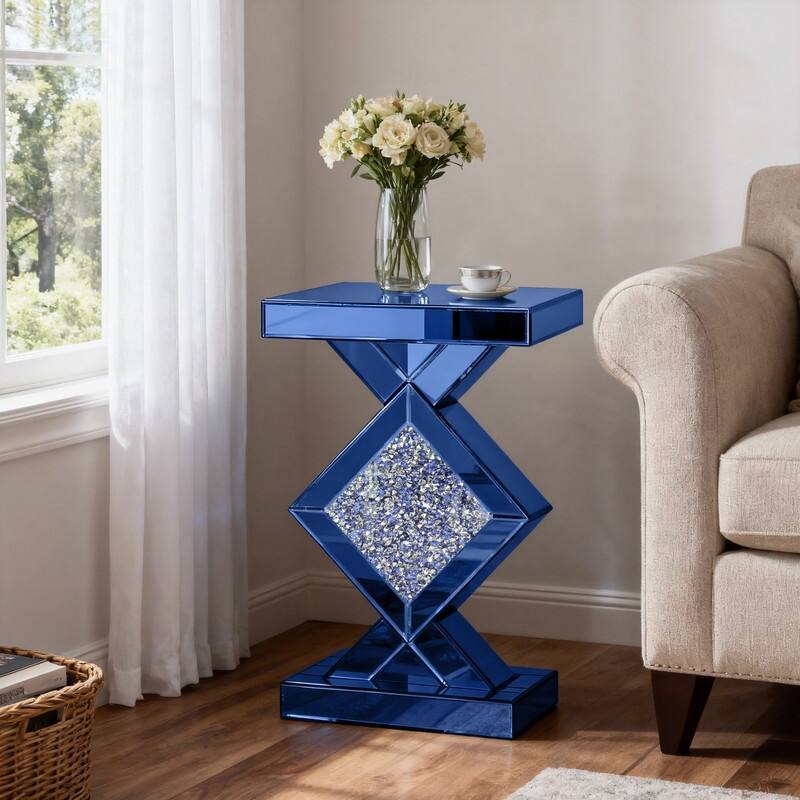 23" Tall Mirrored Glass Pedestal End Table With Crystal Inlay - Blue