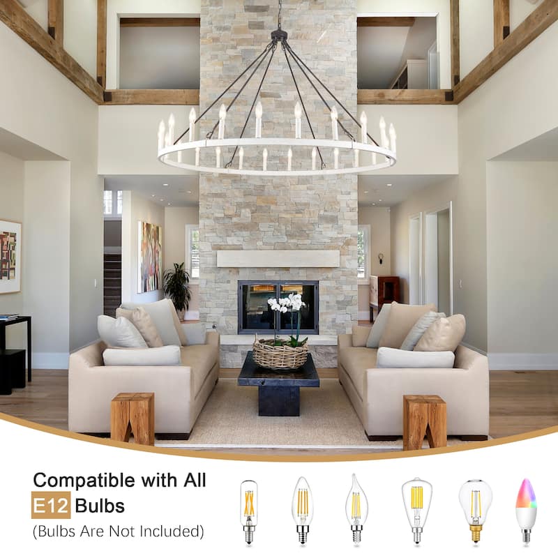 24 - Light 52in. Lagre Dimmable Wagon Wheel Chandelier Farmhouse Round Vintage Candle Style Light - N/A