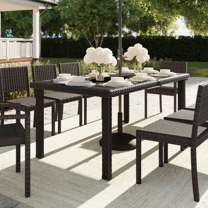 71" Outdoor Rattan Wicker Patio Table with Engineered Wood Top - 39"W x 71"D x 30"H