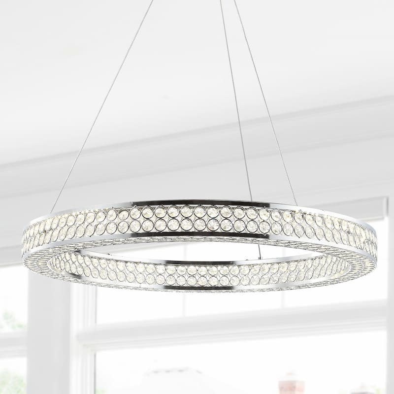 Bradley 24.7" Round Integrated LED Crystal/Metal Pendant, Chrome/Clear by JONATHAN Y - Silver