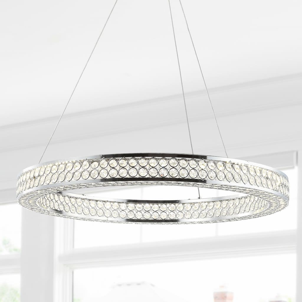 Bradley 24.7" Round Integrated LED Crystal/Metal Pendant, Chrome/Clear by JONATHAN Y