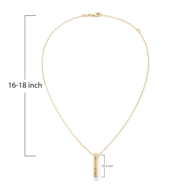 Clover 14K Yellow Gold Inspirational Bar Pendant Necklace - Hope Faith Believe Blessed - Adjustable 16-18"