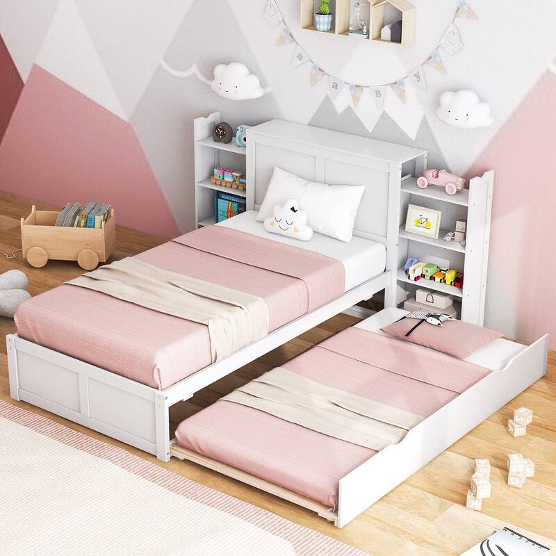 Gymax Full/Twin Wooden Platform Bed with Trundle Storage Headboard - Twin