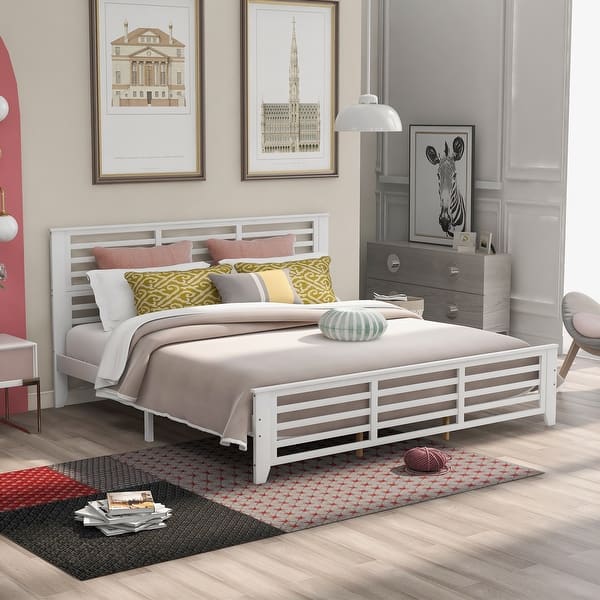 slide 2 of 9, King Size Platform Bed with Horizontal Strip Hollow Shape and Head&Foot Board White