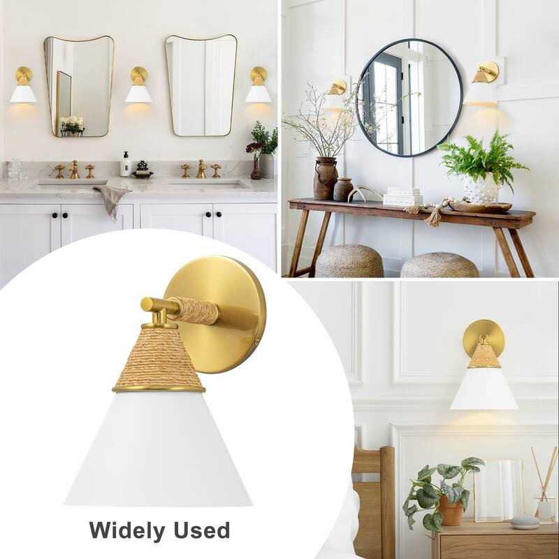 Wall Sconce with Milky Metal Cone Shade and Hand-Wrapped Jute Rope