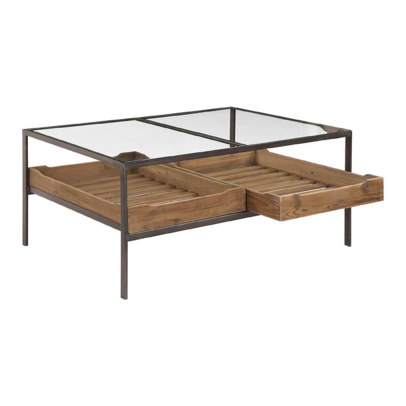 40" Black Steel Frame Glass Coffee Table With Removable Storage Trays