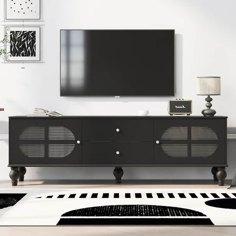 68.9" Rectangular Wooden TV Stand with Fluted Glass Doors, for TVs up to 75", Media Storage Console with 2 Drawers - Black
