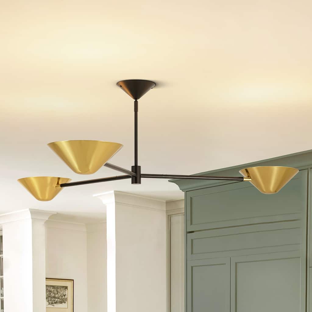 53.93" W 3-Light Modern Black & Brass Linear Sputnik Cone Semi-Flush Mount Ceiling Light - 53.94" W × 16.93" H