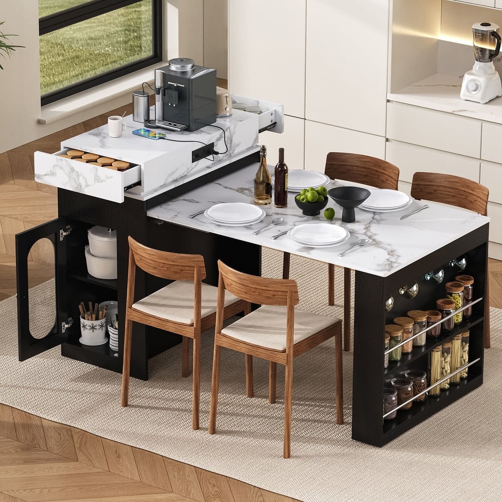 Extendable Kitchen Island Dining Table with Power Outlet, Rolling Sideboard with Folding Tabletop & Drawers
