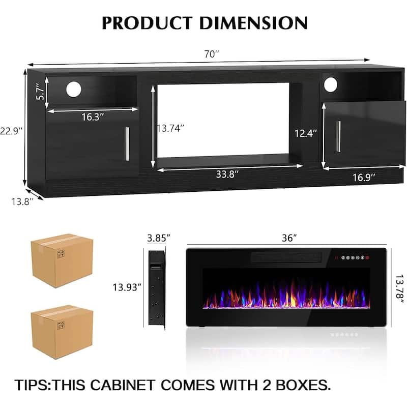 Bossin 70" Fireplace TV Stand with 36" Electric Fireplace, TV Stand for TVs Up to 80", 16 Colors LED Lights/Entertainment Center