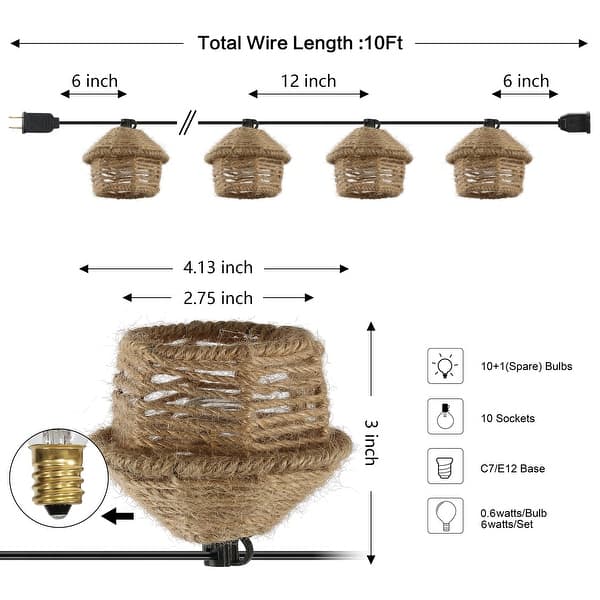 dimension image slide 0 of 2, Oahu 10-Light Indoor/Outdoor 10 ft. Mid-Century Incandescent G40 Tiki Hut Hemp Rope Shaded String Lights, Brown , by JONATHAN Y